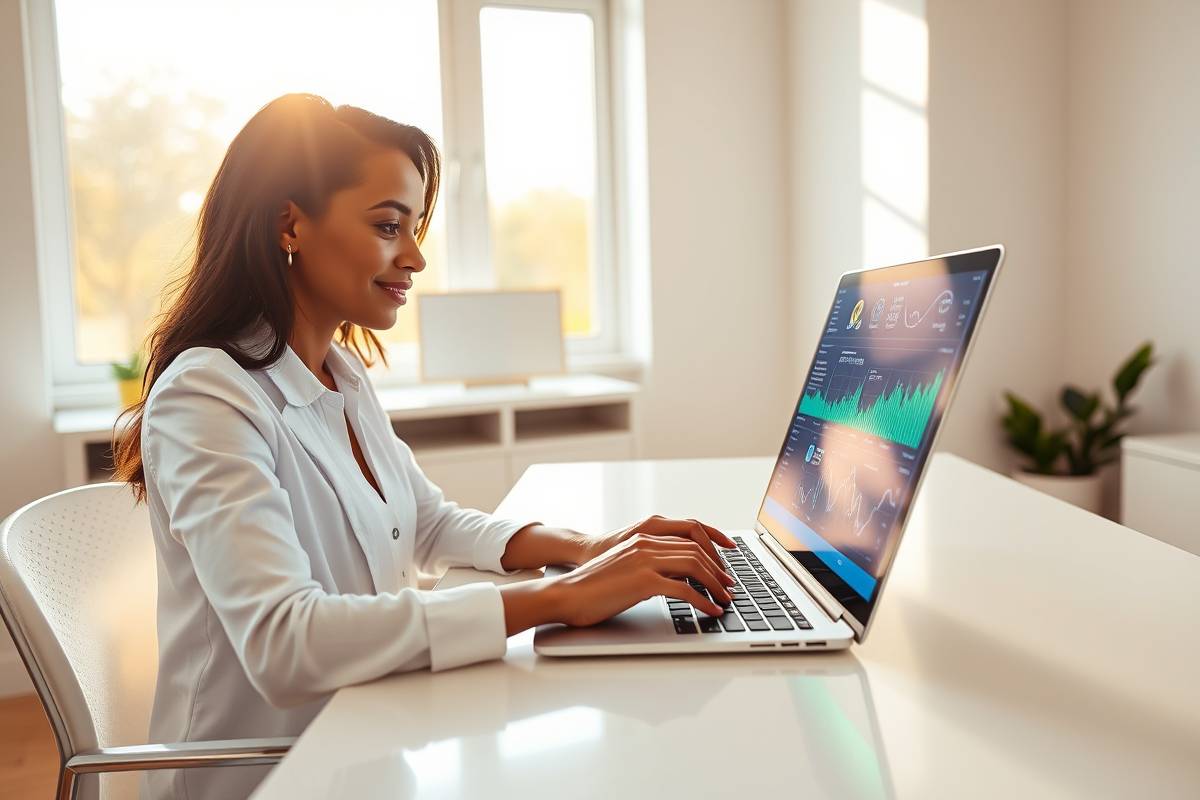 A person confidently managing multiple AI-powered digital income streams on a sleek laptop in a modern, light-filled home office.