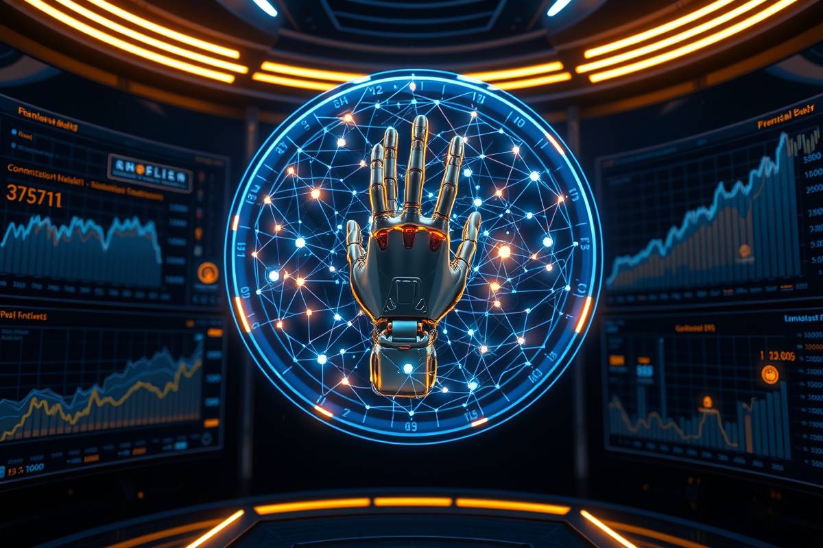 Billionmode AI wealth automation dashboard with a robotic hand controlling a holographic financial network graph.