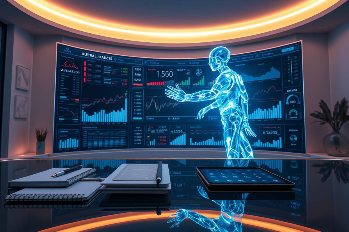 billionmode AI Wealth Management Dashboard - hyper-realistic digital art of 2026 AI interface managing automated trades