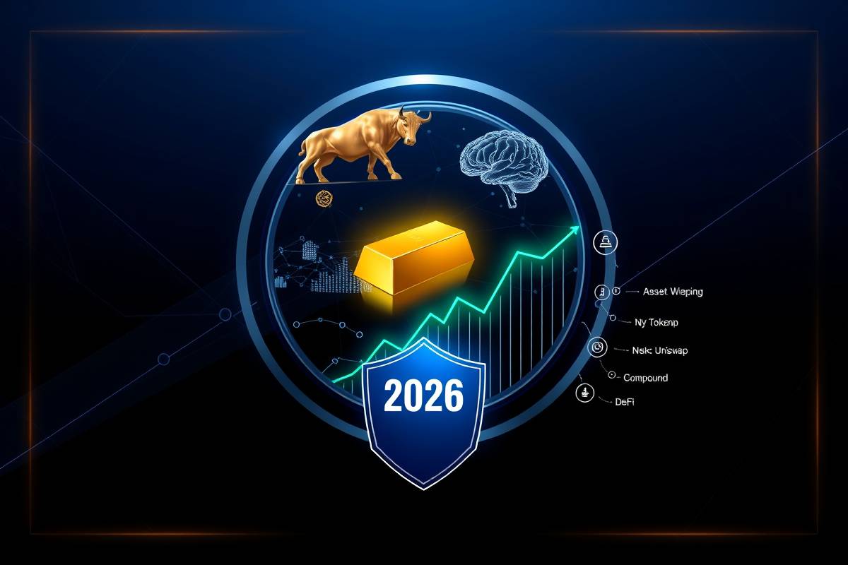 billionmode infographic on wealth trends in crypto institutionalization, asset tokenization, AI, and DeFi for 2026.