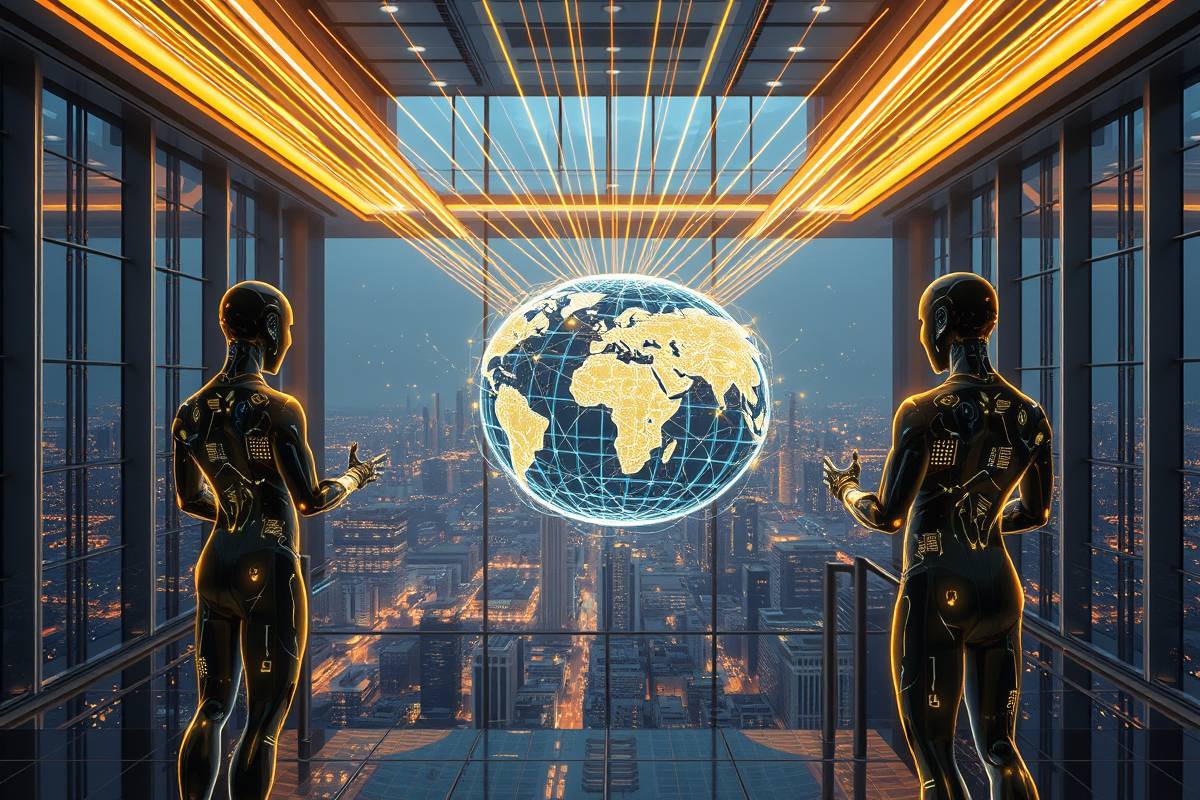 billionmode AI agents managing global wealth and creating positive impact in a futuristic financial hub by 2026