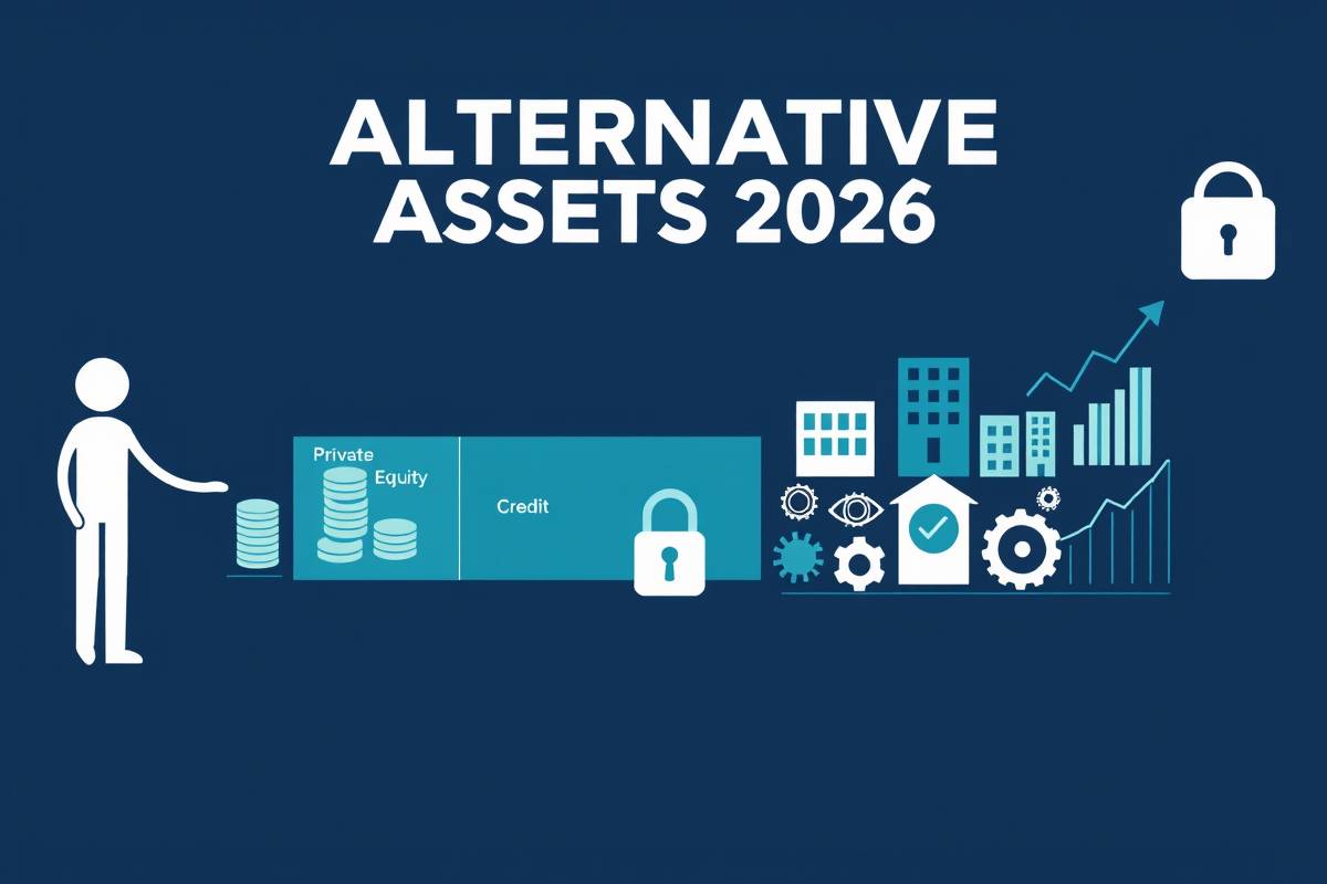 Billionmode 2026 infographic: person invests into private equity & credit, growing a diverse asset portfolio.