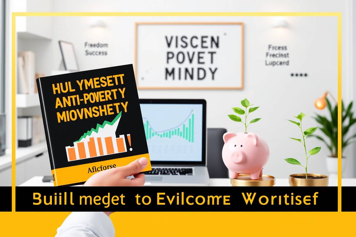 Person holding 'Build Your Anti-Poverty Mindset' book, laptop with financial charts, piggy bank and thriving plant on vision board in modern office space with golden accents, billionmode's financial mindset training