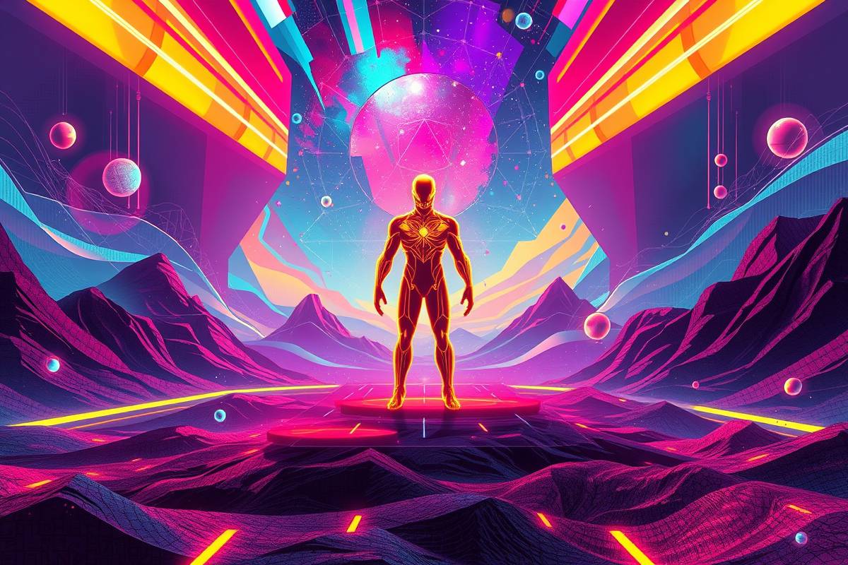 Modern abstract with glowing figure breaking free, cyberpunk style – billionmode's anti-system life design principles.