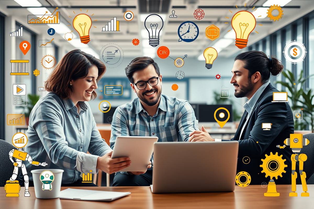 billionmode professionals in bright office overcoming burnout with flowcharts, lightbulbs, robots and digital graphs