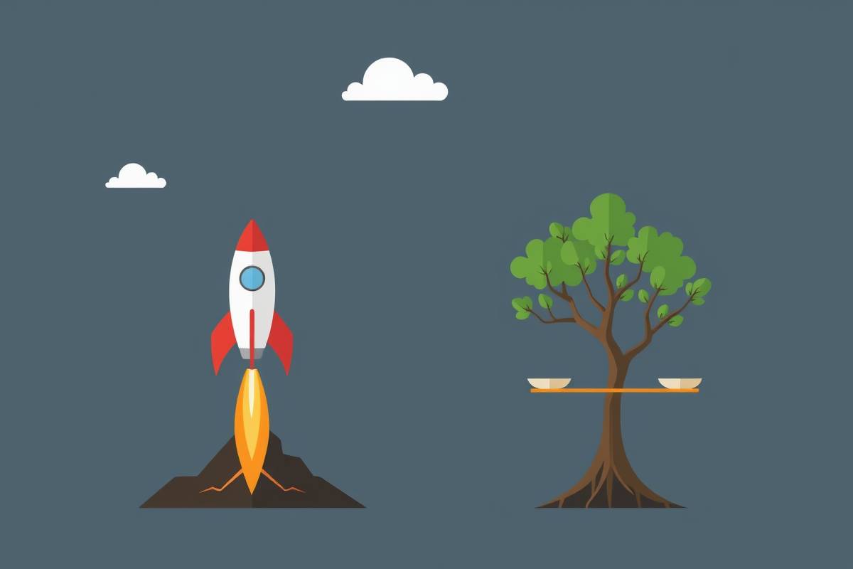 billionmode illustration: rocket losing stability beside deep-rooted tree and balanced scale, symbolizing sustainable growth
