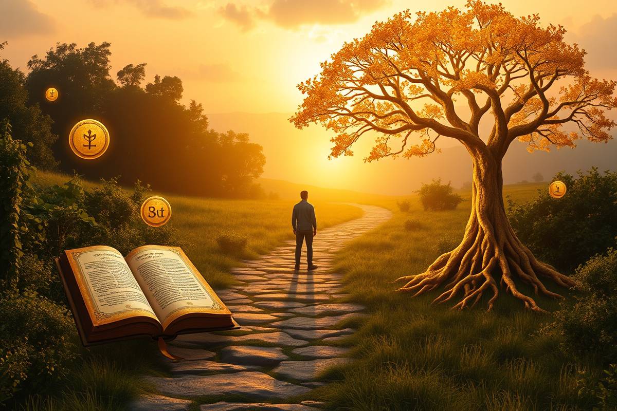 Person on path to self-discovery with lush greenery and golden light, symbolizing billionmode's inner growth journey