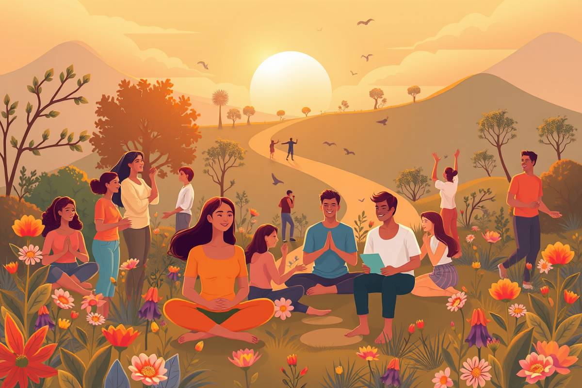 billionmode's diverse people thriving via mindfulness, healthy routines, goal-setting, helping, passion with golden light paths