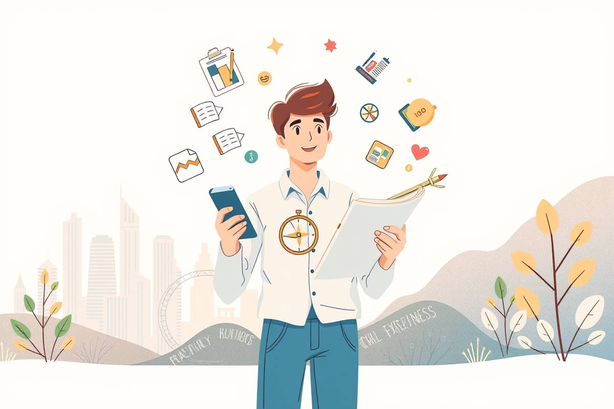 billionmode guide: figure with compass, sketchbook, blueprints designing career, health, happiness icons on pastel skyline