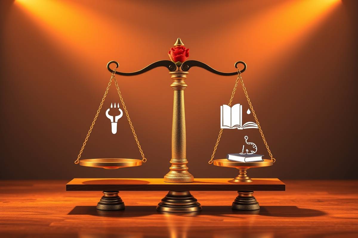 Balanced scales work tools, health rose, relationships handshake, growth book – pillars lasting success with billionmode.