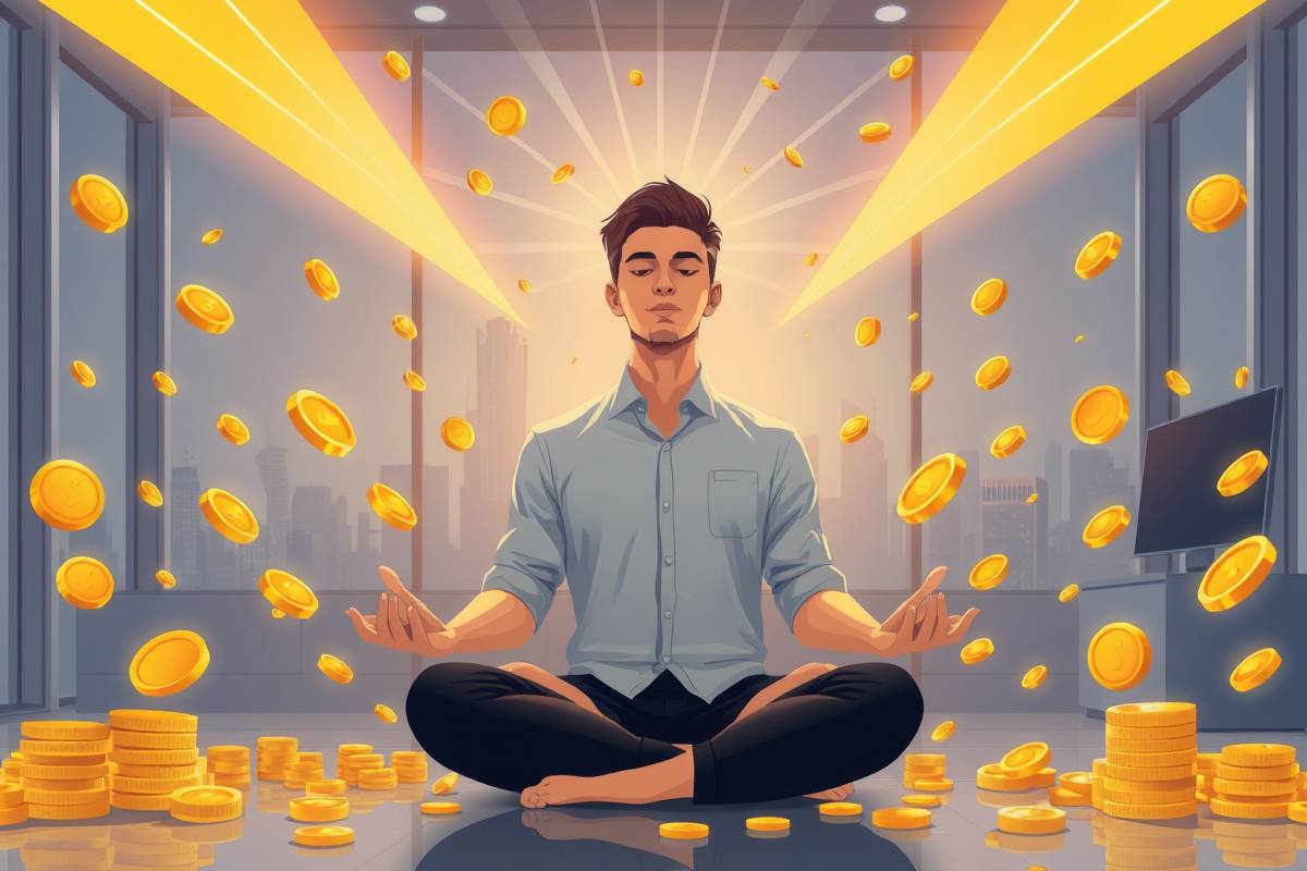 Calm meditator in minimalist office, floating golden coins, light rays, geometric patterns – billionmode