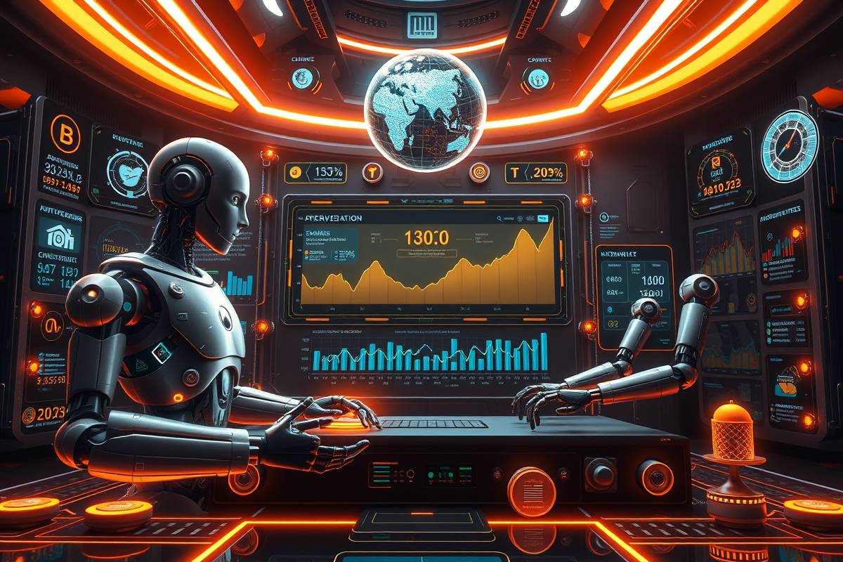 Billionmode wealth management: AI algorithms process financial data, blockchain security, robots manage investments, digital charts.