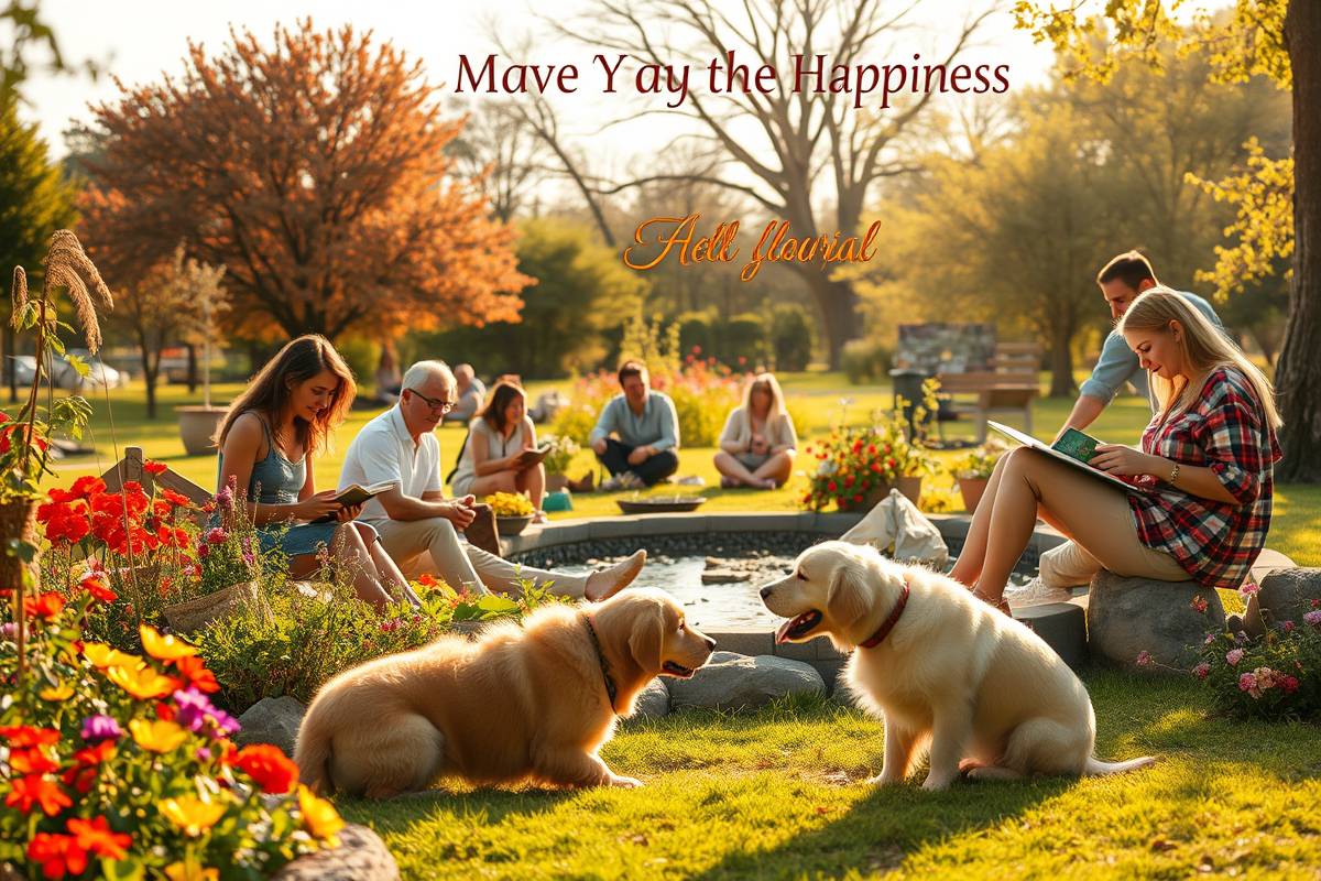 billionmode community practicing mindfulness gardening, reading, and socializing in a sunlit park with vibrant flowers, flowing water, and a golden retriever symbolizing practical steps to happiness.