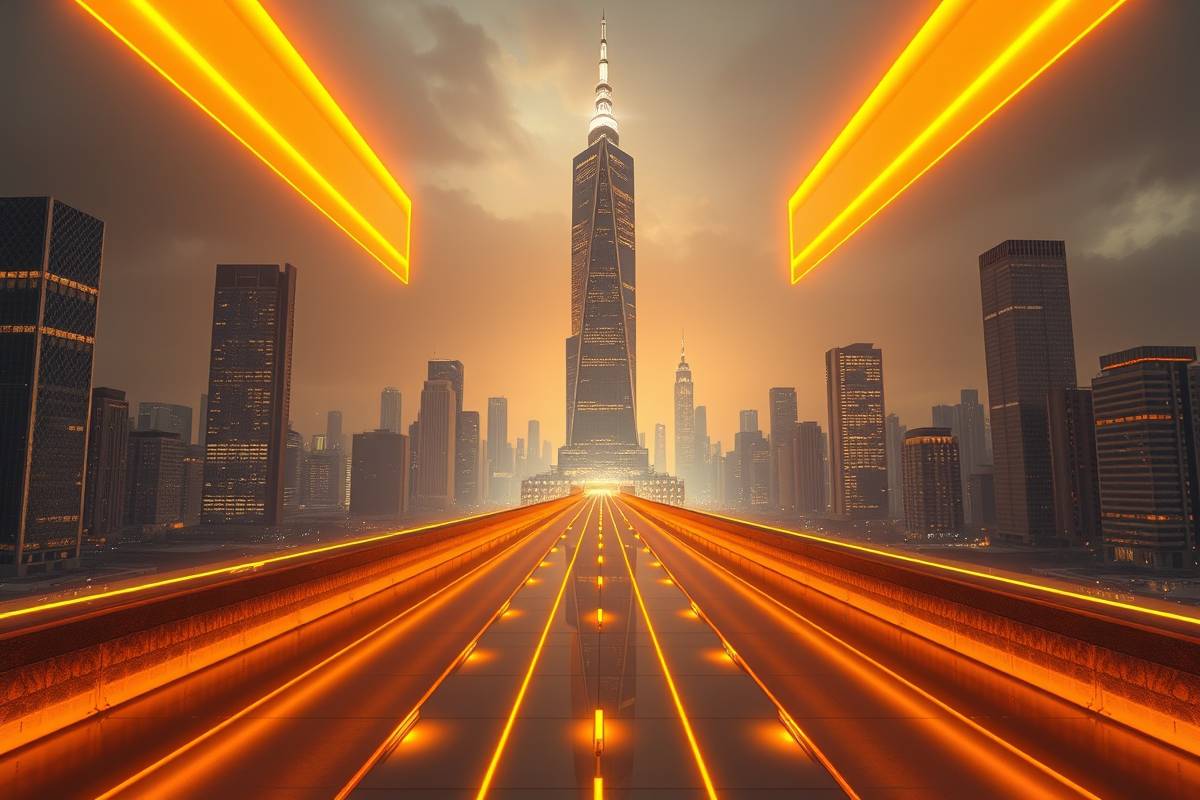 billionmode: futuristic city with golden pathways to a skyscraper, showing how small decisions lead to monumental wealth