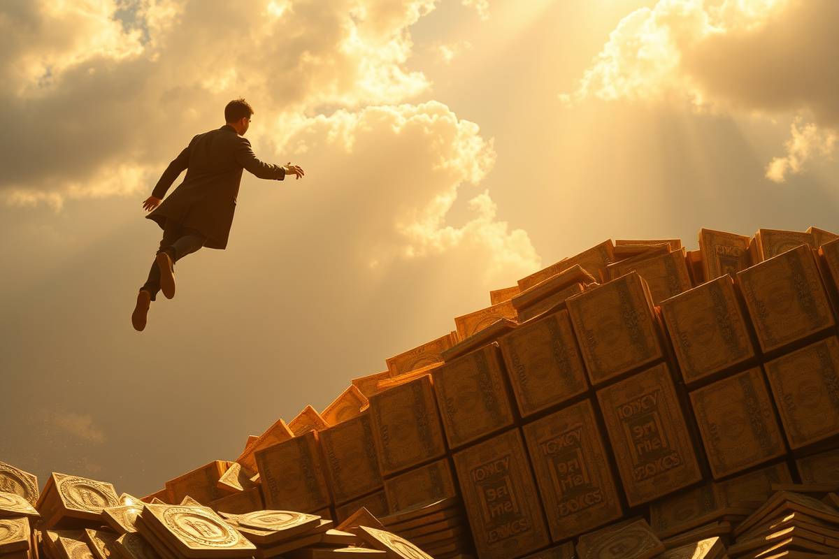 A person climbing golden steps, money rising, light glowing, guided by billionmode to break free from small opportunities trap