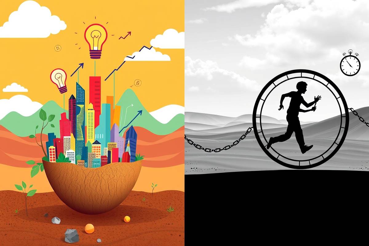 billionmode split art: left shows seed → vibrant city (creative), right shows desert hamster wheel (survival).