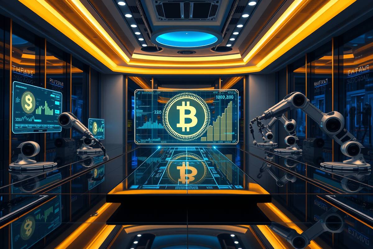 billionmode's futuristic office: holographic crypto graphs, robotic arms for digital transactions, glass surfaces with blue-gold lighting symbolizing automated wealth generation