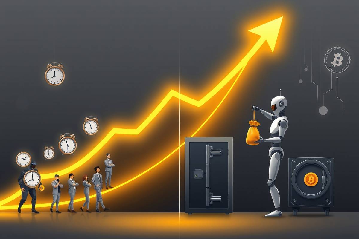 Billionmode wealth automation concept: golden graph rising, smart robots, and passive income streams vs. grey routine