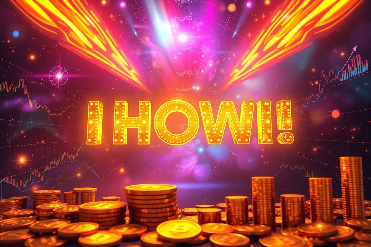 billionmode's vibrant futuristic scene: golden words transform into coins, stock charts, and personal growth symbols